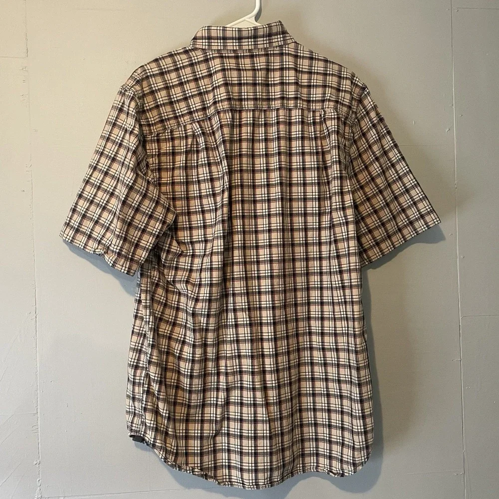 Carhartt Short Sleeve Button Down Shirt Mens Size M Red Blue Brown‎ Plaid Pocket